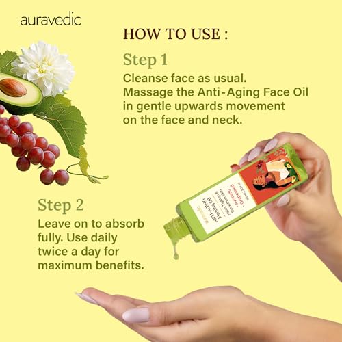 Auravedic Anti Aging Firming Oil with Avocado & Grapeseed | Lightweight, Non-Greasy Facial Oil for Smooth Texture, Daily Hydration & Nourished Skin | 3.38 Fl Oz (100ml)