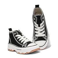 Kids' Canvas Trainers Boys Girls, Chunky Sole Lace-Up Plimsolls, Casual Breathable Lightweight Everyday School Shoes (Black, Little Kid, 12, Numeric, UK Footwear Size System, Medium)