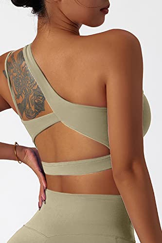 Mulisky Womens Padded Sports Bra Back Cut Out Fitness Workout Running One Shoulder Crop Top Khaki M #TOP2