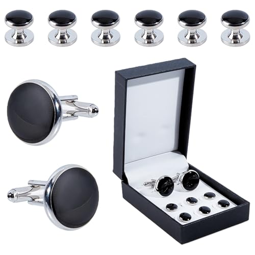NICENEEDED Men's Cufflinks Cuff Links for Men, Stainless Steel Tuxedo Shirt Cuff Links Set with Box, Black Fashion Cufflinks Jewelry Accessories