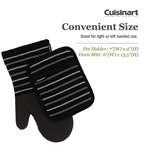 Cuisinart Neoprene Oven Mitts And Potholder Set -Heat Resistant Oven Gloves To Protect Hands And Surfaces With Non-Slip Grip, Hanging Loop-Ideal For Handling Hot Cookware Items, Twill Stripe Jet Black #TOP4