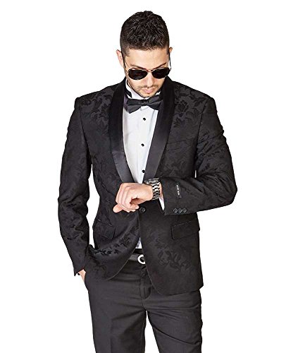 Azar Man Slim Fit 1 Button Shawl Satin Collar Floral Jacket Tuxedo Dinner Jacket Blazer Black 38R #TOP3