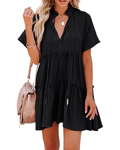 Image of Dellytop Womens Drawstring V Neck Dress Ruffle Tiered Short Sleeve Babydoll Tunic Swing Sundresses