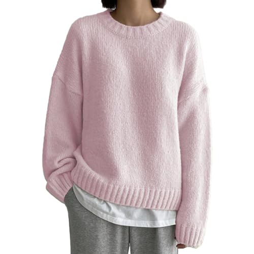 Women Drop Shoulder Crewneck Oversized Fuzzy Knit Sweater Long Sleeve Casual Solid Knitted Chunky Sweater Jumper