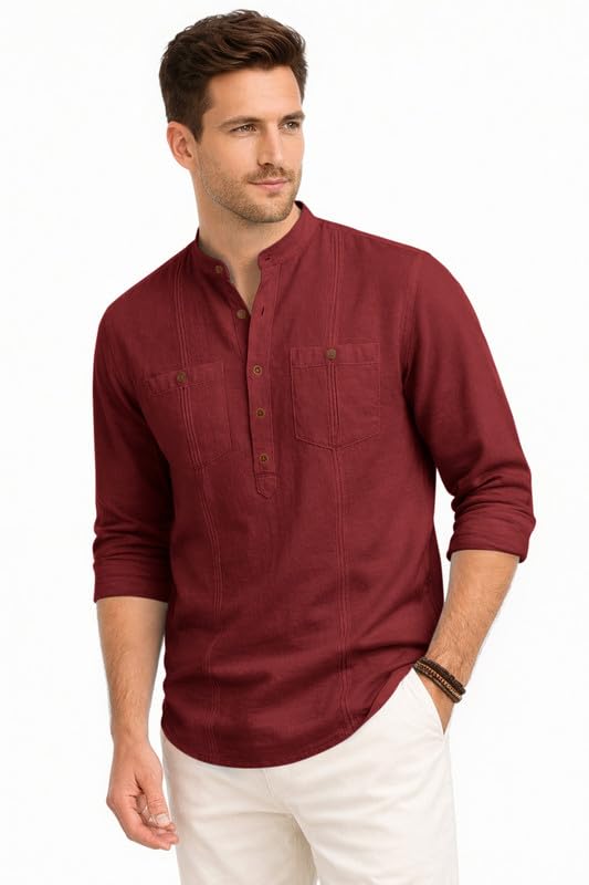 Image of ROYALSCOUT Men's Cotton Polyester Blend Kurta Style Shirt with Mandarin Collar, Half Button Placket, Dual Chest Pockets, Long Sleeve Casual Ethnic Fusion Wear for Office, Festive and Daily Use