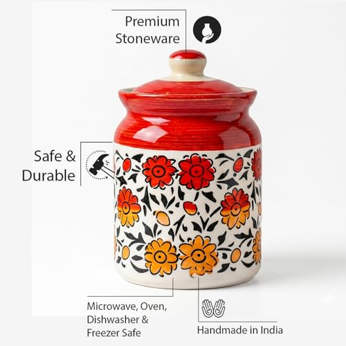 Image of Ceramic Handmade Pickle Jars in 1000ml (set of 2) | Handpainted Floral Bale 1 kg Achaar Martban | Ceramic Jadi for Kitchen Storage (Set of 2) | Jars for Achar, Spices, Salt (HandPainted Red Sunflower)