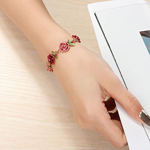 Flower Bracelet,Colorful Link Bracelets Rose Flower Leaf Bangle Bracelet Anklet Cloisonne National Chain Hand Jewelry With Charm rhinestones For Women Lady Girl,With Adjustable Extension Chain Gift Box2