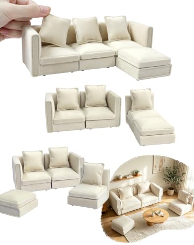 iLAND Dollhouse Furniture Sectional Dollhouse Couch Set White Velvet Sofa, Miniature Chair Doll House Furniture, Modern 1/12 Scale Miniature Living Room Decor and Accessories fit 4-6”Action Figures