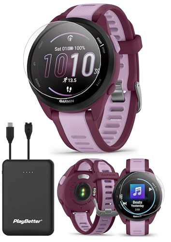 PlayBetter Garmin Forerunner 165 Music (Berry/Lila) Running GPS Smartwatch Bundle - Pantalla táctil AMOLED, batería de 11 días, entrenamiento y recuperación, incluye protectores de pantalla y cargador