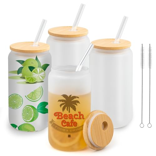 MSYU Embalagem de 4 latas de vidro de sublimação em branco, lata de cerveja fosca de 470 ml com tampa e popopote, canecas de vidro de sublimação para café gelado, sumo, refrigerantes, bebidas