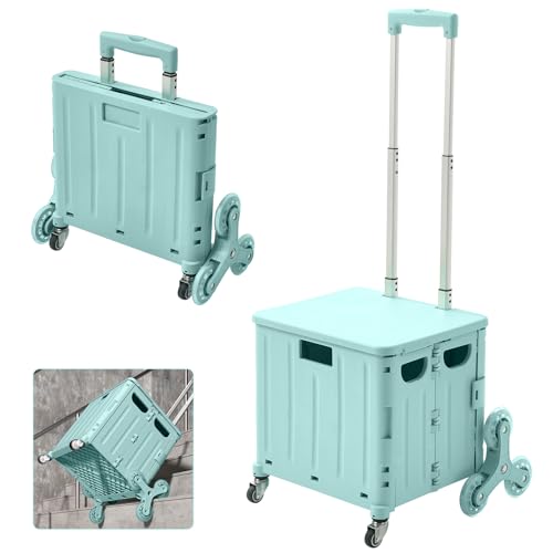The Fellie Lightweight Stair Climber Foldable Shopping Trolley, 45L Shopping Cart on 8 Wheels, Portable Crate Handcart with Adiustable Telescopic Aluminium Handle and Lid Grocery Trolley(30kg, Green)