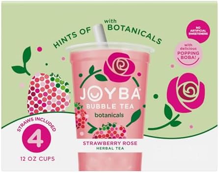 JOYBA Strawberry Rose Bubble Tea with Botanicals, 4 Pack, 12 fl. oz. Cups