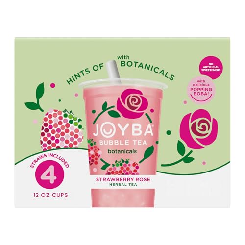 JOYBA Strawberry Rose Bubble Tea with Botanicals, 4 Pack, 12 fl. oz. Cups