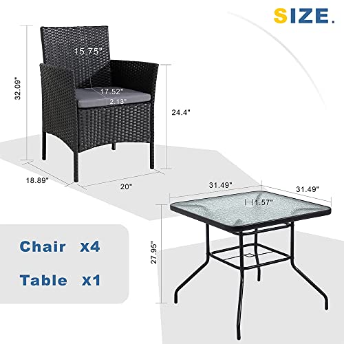 Walsunny 5 Piece Patio Dining Set, Wicker Outdoor Furniture Patio Dining Table and Chair Set, Square Tempered Glass Top Table with Umbrella Hole for Patio Backyard Porch Poolside
