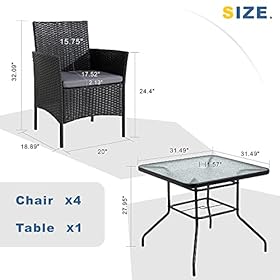 Walsunny 5-Piece Indoor Outdoor Wicker Dining Set Furniture,Square Tempered Glass Top Table with Umbrella Hole,4 Chairs… 41OFIXv+oIL. SS280