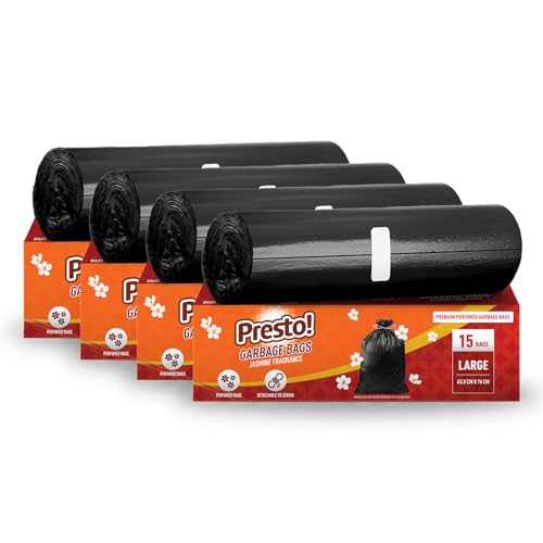 Amazon Brand - Presto! Premium Perfume Garbage Bags on Roll with Tie String | Large | 25x30 Inch | 60 Count | 15 X 4 Packs | Black