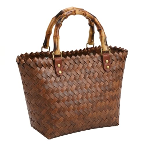 Sac de plage tissé brun pour femmes en paille avec poignée bambou