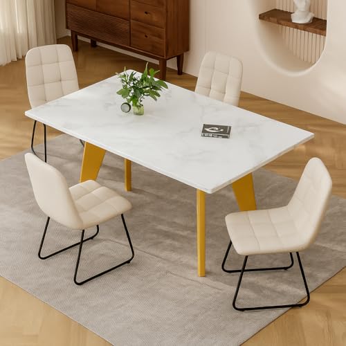 63-Inch Modern Dining Table Set with Faux Marble Wood Top and Leather Chair, Solid Wood Legs, 5-Piece Dining Room Furniture Set with Kitchen Or Furniture (Table + 4 White Chairs)