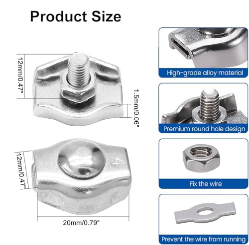 Gebrazy Drahtseilklemme,12 Stück Drahtseilklemme,4mm Klemme,Edelstahls Seilklemme,Edelstahl 304 Kabelklemme,Edelstahl 304 Kabelklemme für Drahtseil Stahlseil Wäscheleinenspanner Markise Fixiert (M4)