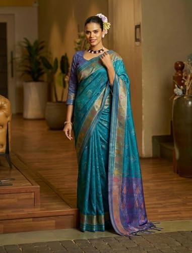 Image of MADHUHANSH Women's Cotton Linen Saree with Unstitched Blouse Piece and Solid Pattern | Mithila Painting Saree | Saree for Haldi Ceremony