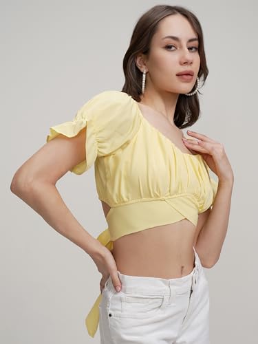 Image of Tokyo Talkies Women's Puff Sleeves Styled Back Crop Top | Cinched Waist | Feminine & Trendy | Perfect for Casual & Day Outings | Tops for Woman | Women Tops | Women Crop Top