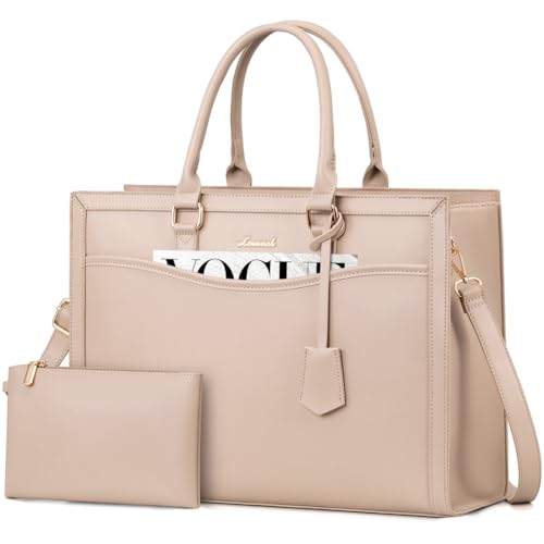 Image of LOVEVOOK Laptop Tote Bag for Women, Office Work Bag Briefcase fit for 17.3 inch Laptop, Large Capacity Teacher Computer Bag Handbag,2pcs Set, Leather /Apricot