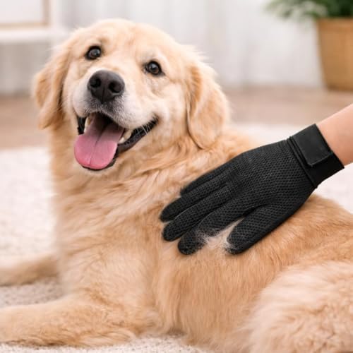 Image of Pet Grooming Glove for Dogs & Cats Deshedding Hair Remover Brush Soft Silicone Massage Glove Bathing & Fur Cleaning Tool Reusable, Adjustable Strap Nutrish (Set 1)