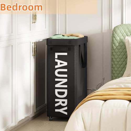 Optish Laundry Basket with Wheels, 90L Rolling Laundry Hamper with Wheels, Large Clothes Hamper on Wheel with Removable Mesh Bag for Bedroom, Dorm Room Essentials, Black by Optish - Image 7
