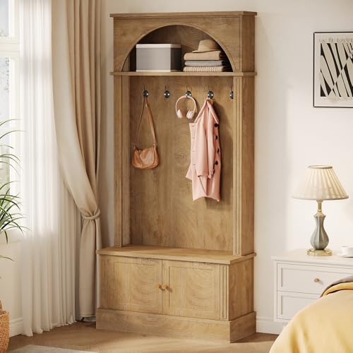 Image of Tribesigns Hall Tree with Bench and Shoe Storage, 4-in-1 Design Entryway Bench with Coat Rack, 70.86 inch Tall Mudroom Rack with 5 Double Hooks and Adjustable Shelf for Hallway (Brown)