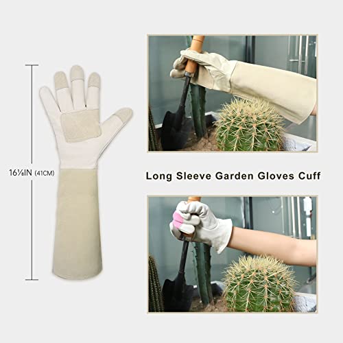Facelandy Garden Gloves Women&Men,Rose Pruning Gloves Pigskin Leather Puncture Resistance Long Sleeve Rose Gardening Gloves,Thorn Proof Garden Work Gauntlet With Forearm Protection(M, Beige) #TOP1