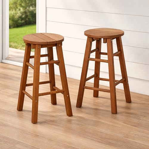 Furinno TIOMAN Butacos de Exterior para Bar, Juego de 2, Asientos de Madera Maciza con Reposapiés, Altura 23.8 pulgadas, Capacidad 100 kg, para Patio, Jardín, Porche, Isla de Cocina, Bistró