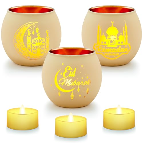 APUDWN 3 Set Ramadan Candle Holders with Tea Candles Lights Eid Mubarak Votive Glass Decorations Eid Table Centerpieces Kit for Ramadan Muslim Islamic Gifts Party Home Decor