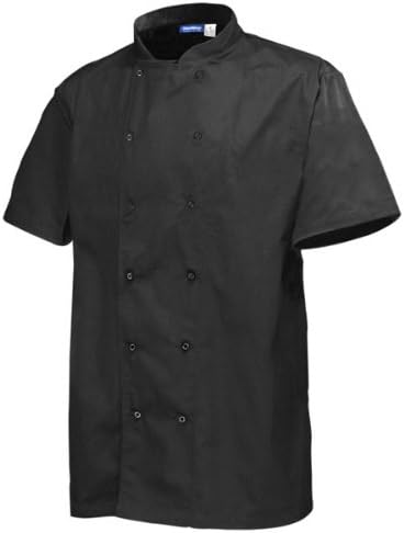 Genware Chef's Basic Stud Short Sleeve Jacket Black Medium | 40-42 inch Chest Chefs Clothing, Chefs Jacket, Cooks Jacket - Polycotton Mix