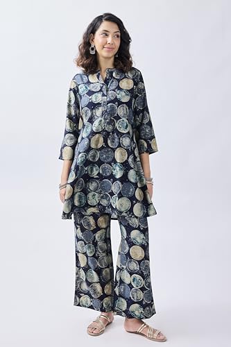 Image of Cicica Co Ord Set for Women | Two Piece Co-Ord Set | Western Co-Ords Set | Women's 2 Piece Set | A line | Trendy Long | Navy Blue | Geometric Printed Payjama Set