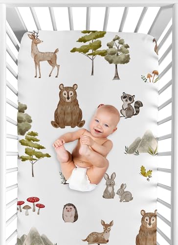 Image of Sweet Jojo Designs Fitted Baby Crib Sheets (Woodland Animals) for Boys or Girls, Infant Nursery, Toddler Room - Standard Size (Forest Animal Friends, Neutral, Watercolor, Brown Bear, Hedgehog, Fox)
