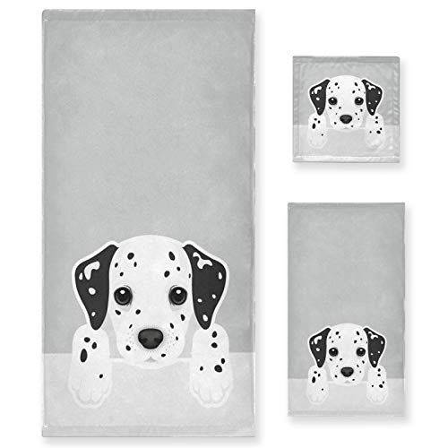 Naanle Juego de 3 toallas decorativas suaves y lujosas con diseño de perro dálmata, 1 toalla de baño + 1 toalla de mano + 1 toallita, multiusos para baño, hotel, gimnasio, spa y cocina