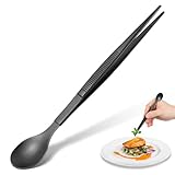 Tasting Spoon with Tweezer for Kitchen Cooking, 2 in 1 Stainless Steel Chef Spoon Serving Tongs, Professional Chef Tool for Cooking Plating Buffet Banquet Barbecue Grilling Appetizer, Black