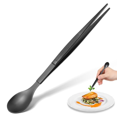 Luxshiny Stainless Steel Tasting Spoon Tweezer Chef Flavor Test Spoon Black Metal Serving Long Handle Mixing Cooking s Tweezers Chopsticks Tongs for Food Sauce Tea Home Kitchen Restaurant