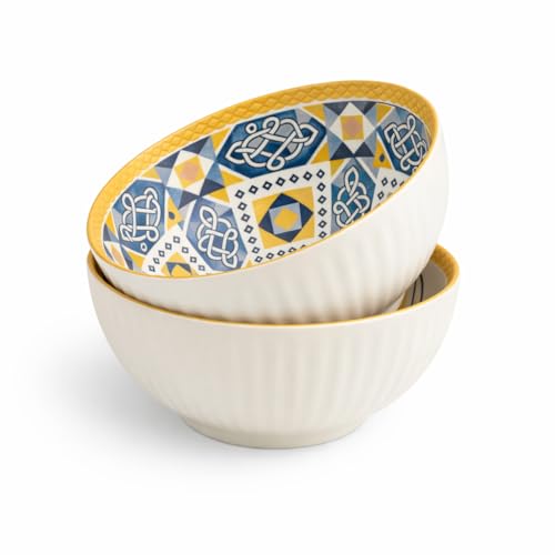 Image of Bohemian Porcelain Bowls Set of 2 | 300 ml Microwave & Dishwasher Safe | Designer Soup, Cereal & Snack Bowls for Daily Use
