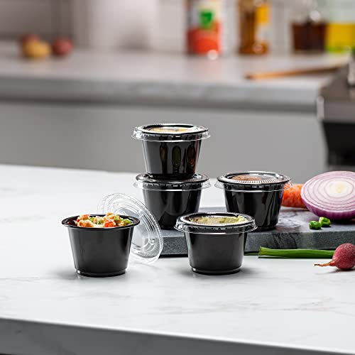 Image of {2.5 oz - 100 Sets} Black Diposable Plastic Portion Cups With Lids, Small Mini Containers For Portion Controll, Jello Shots, Meal Prep, Sauce Cups, Slime, Condiments, Medicine, Dressings, Crafts,
