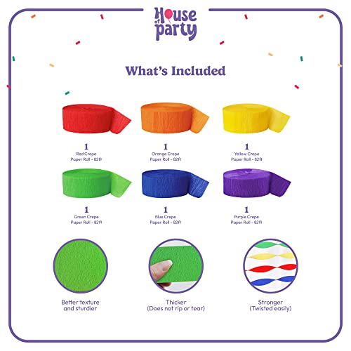 HOUSE OF PARTY OG Rainbow Crepe Paper Streamers 6 Crepe Paper Rolls 492ft (1.8 Inch x 82 Ft/Roll) - Pack of Red, Orange, Yellow, Green, Blue, Purple Streamers for Bachelorette Party Decorations - Thumbnail 2