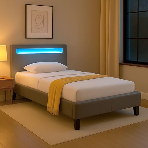 CARO-Möbel Polsterbett Mandalay 90 x 200 cm grau - mit LED Beleuchtung Einzelbett Kunstlederbett mit Lattenrahmen CARO-Möbel Polsterbett Mandalay 90 x 200 cm grau - mit LED Beleuchtung Einzelbett Kunstlederbett mit Lattenrahmen