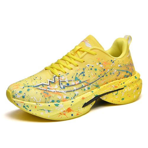 Unisex Fashion Breathable Mesh Lace-Up Running Shoes Platform Comfortable Non-Slip Lightweight Athletic Tennis Training Sneakers Classic Volleyball Baseball Sport Shoes Yellow