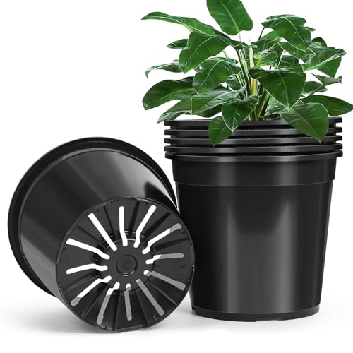 DUNPUTE 6 Pack 5 Gallon Pots for Plants 5 Gallon Plastic Nursery Pot with Drainage Holes Sturdy Plastic Plant Pots for Nursery Garden Flowers Succulent Outdoor Indoor (Black 5 Gal- 6 Pack)