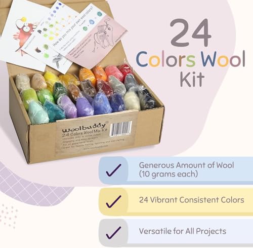 Image of Woolbuddy Wool Roving 24 Colors Kit & Carder Brush Set for Needle Felting