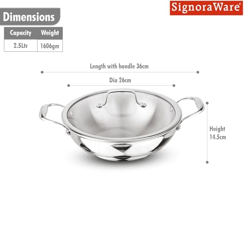 Image of Signoraware Artista Tri Ply Stainless Steel Shallow Kadhai 24cm with Glass Lid | Induction & Gas Compatible | Durable | Ideal for Stir Frying & Sauteing | Best for Curry & Gravies (2.5 LTR | Steel)