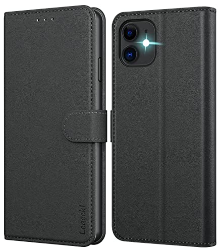 Leacckl Funda para iPhone 11, Funda Tipo Cartera de Piel, Funda abatible con Tarjetero y Hebilla magnética, Negro