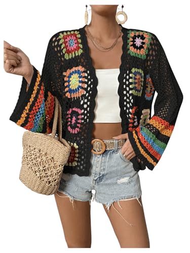 Image of SHENHE Women's Floral Crochet Cardigan Hollow Out Open Front Long Sleeve Cardigan Sweater