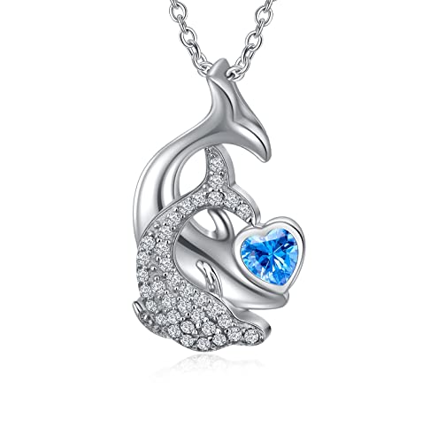 Birthstone Damen Kette Delphin mit Liebe Halskette 925 Sterling Silber Doppelter Delphin Anhänger Tier Schmuck für Freundin Frau Geburtstagsgeschenk/Valentinstagsgeschenk/Abschlussgeschenk Cover