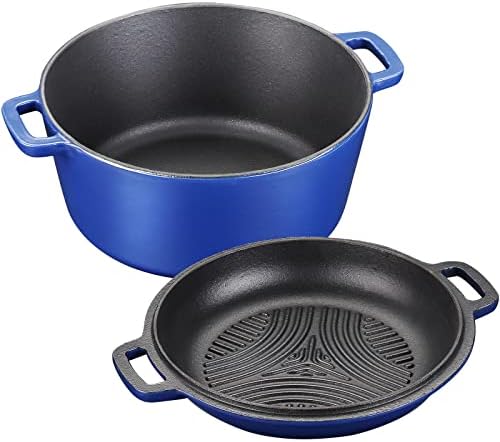 SHYIS 5.5 Quart Enameled Cast Iron Dutch Oven,2-In-1 Enamel Dutch Oven with Skillet Lid for Grill,Stovetop,Induction (Klein Blue)